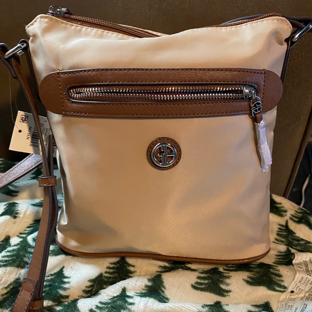 Giani Bernini Cream and Brown Crossbody Bag with Leather Accents